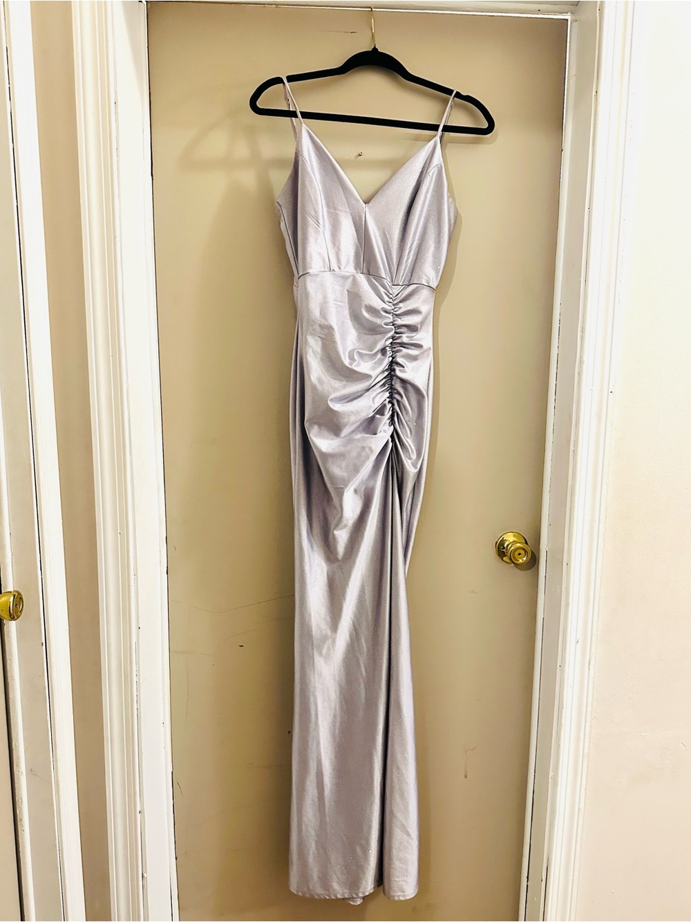 Honey and Rosie Silver Satin Ruched Maxi Dress
